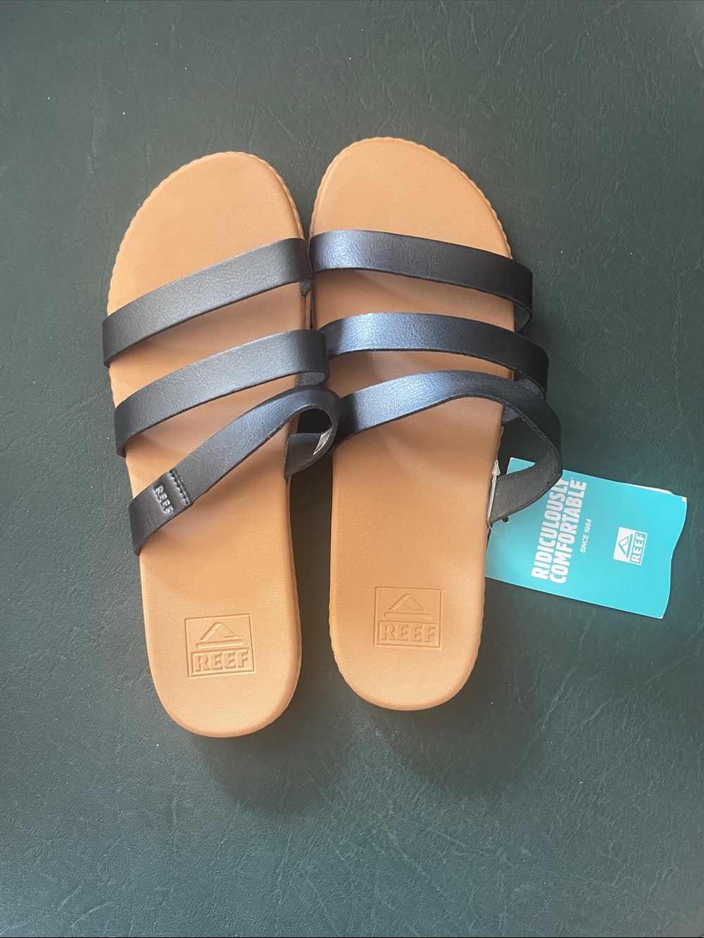 Reef Black Tan Strappy Slide Sandals Cushion Ruby